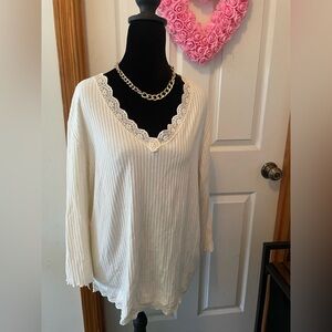 Elegant Cream Lace Trim V-Neck Top